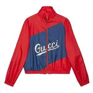 NWT Gucci Men Nylon Jacket Gucci Script Red Lightweight Canvas Nylon Blue
